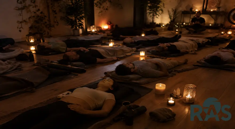 Groepssessie ademwerk en meditatie bij kaarslicht bij RAS PTC